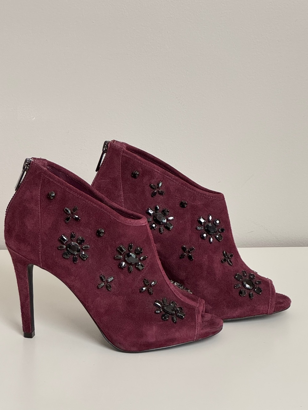 MICHAEL Michael Kors Burgundy Suede Jeweled Peep Toe Ankle Booties Stiletto 7M